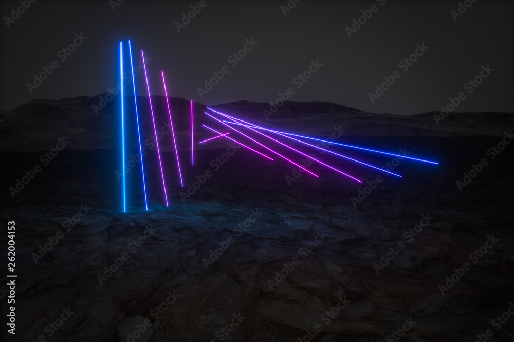colorful glowing lines with dark mountain background, 3d rendering