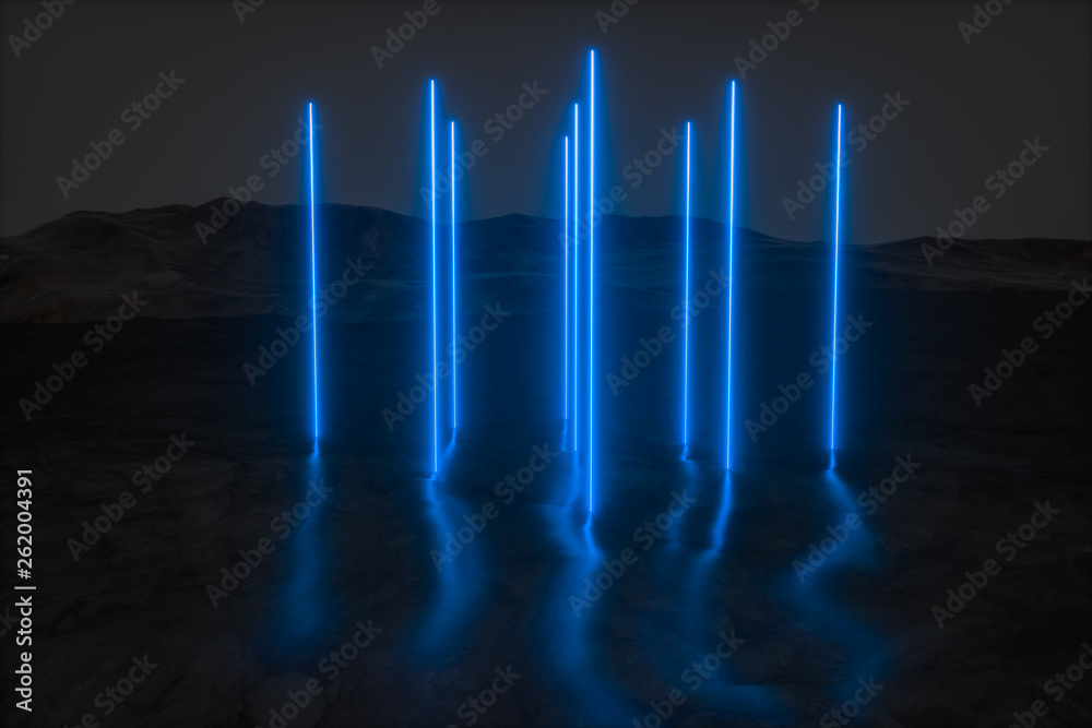 colorful glowing lines with dark mountain background, 3d rendering