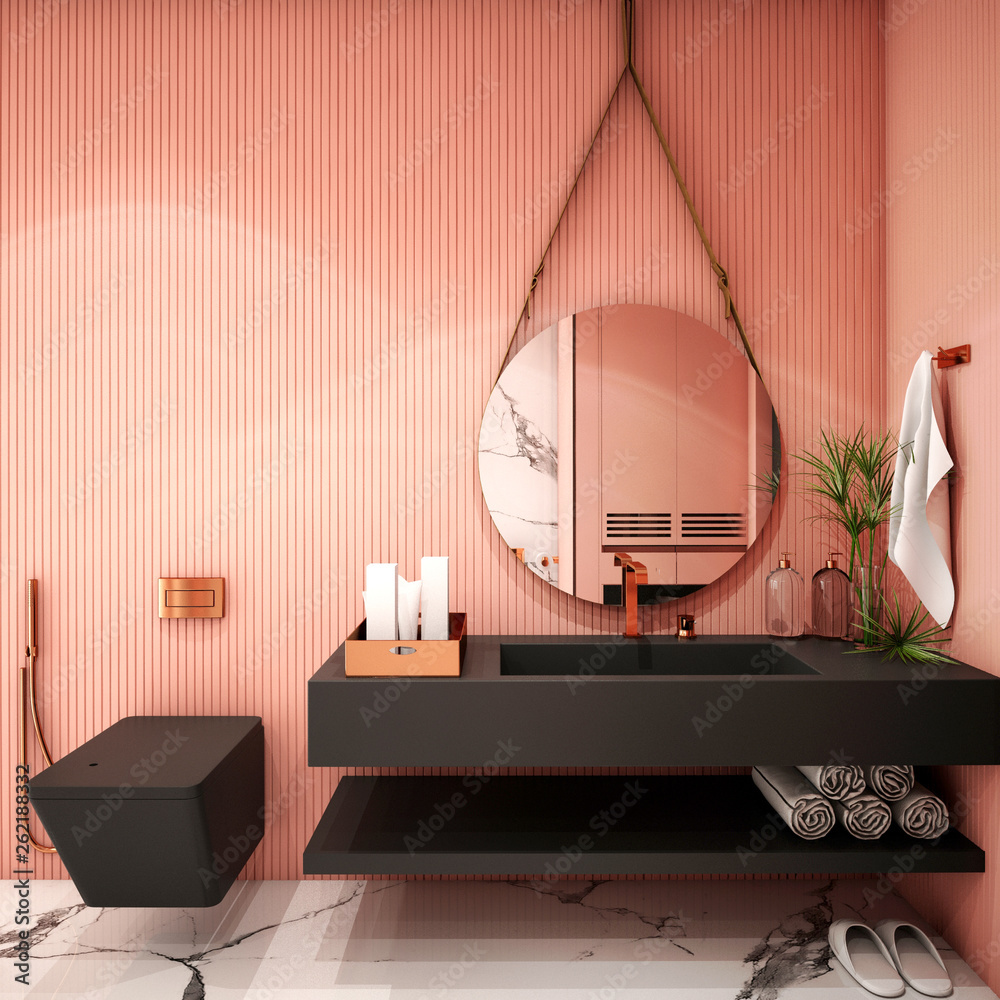 现代浴室室内设计，潮流设计2019，三维渲染，三维插图
