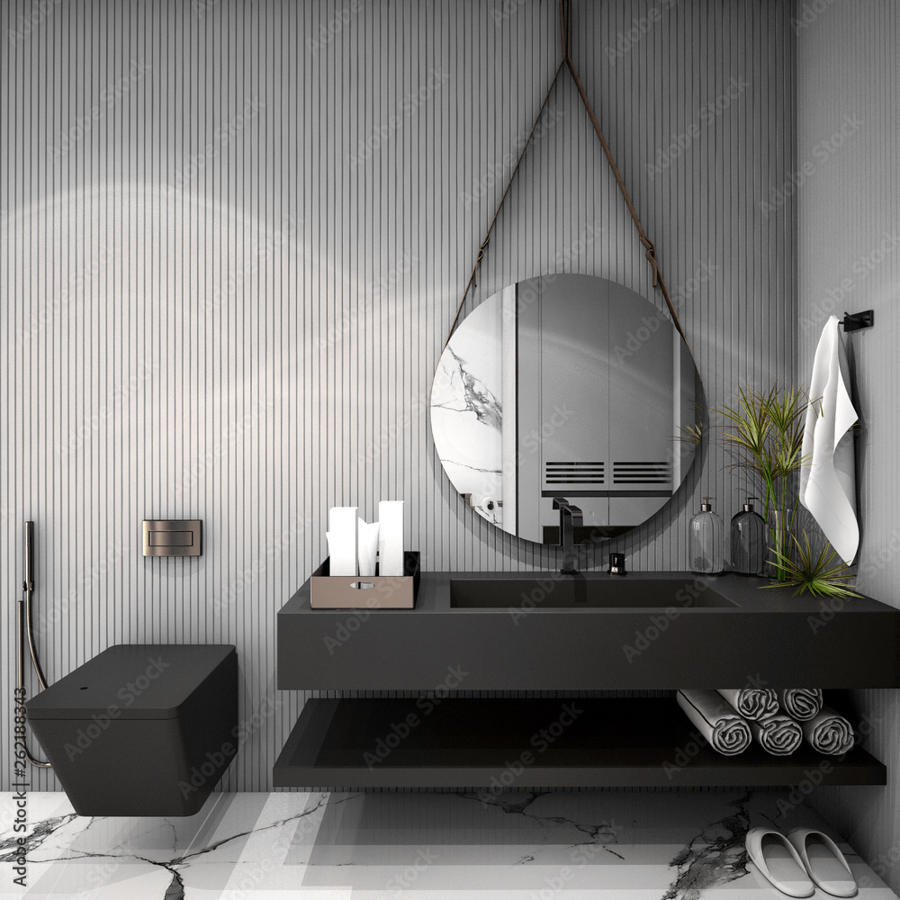 现代浴室室内设计，2019潮流设计，3d渲染，3d插画
