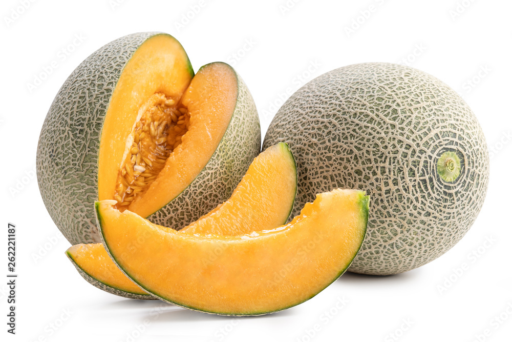 Close up, clipping path, cut out. Beautiful tasty sliced rock cantaloup melon isolated on white back