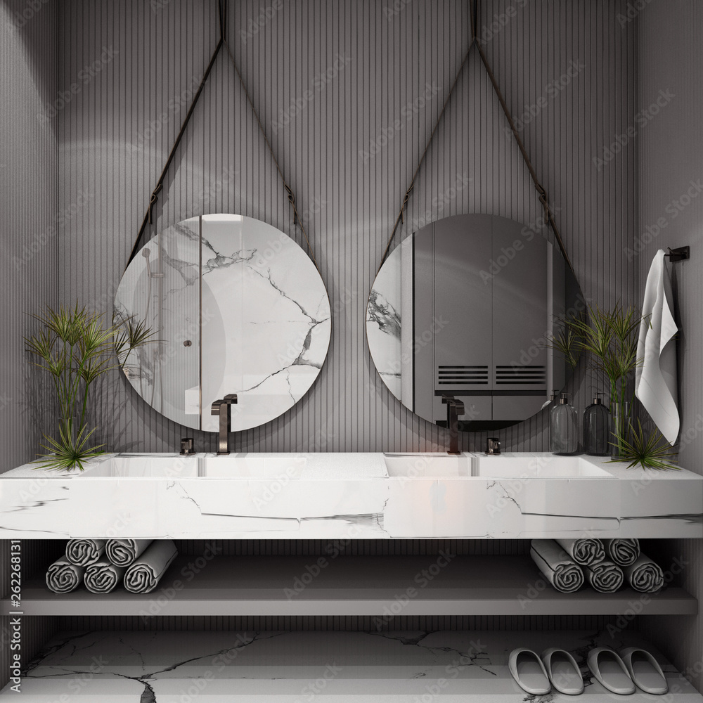 现代浴室室内设计，潮流设计2019，3d渲染，3d插图
