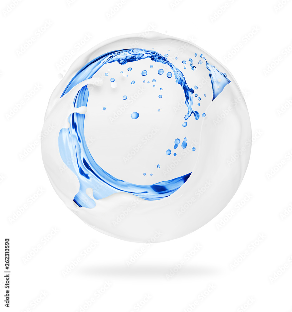 Milk and water splashes in spherical shape, isolated on a white background