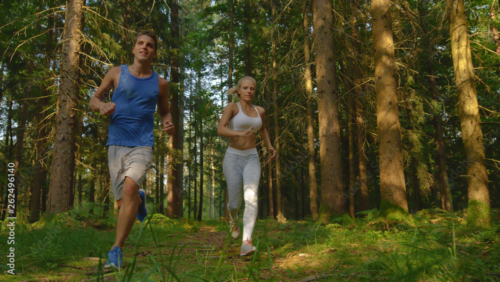 特写：快乐的女人和她的男朋友在树林里跑步锻炼。
