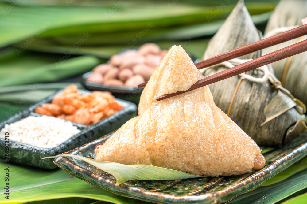 Close up, copy space, famous asian tasty food in dragon boat (duan wu) festival, steamed rice dumpli