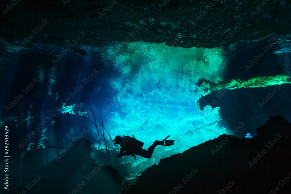 潜水员探索Azul cenote的水下世界