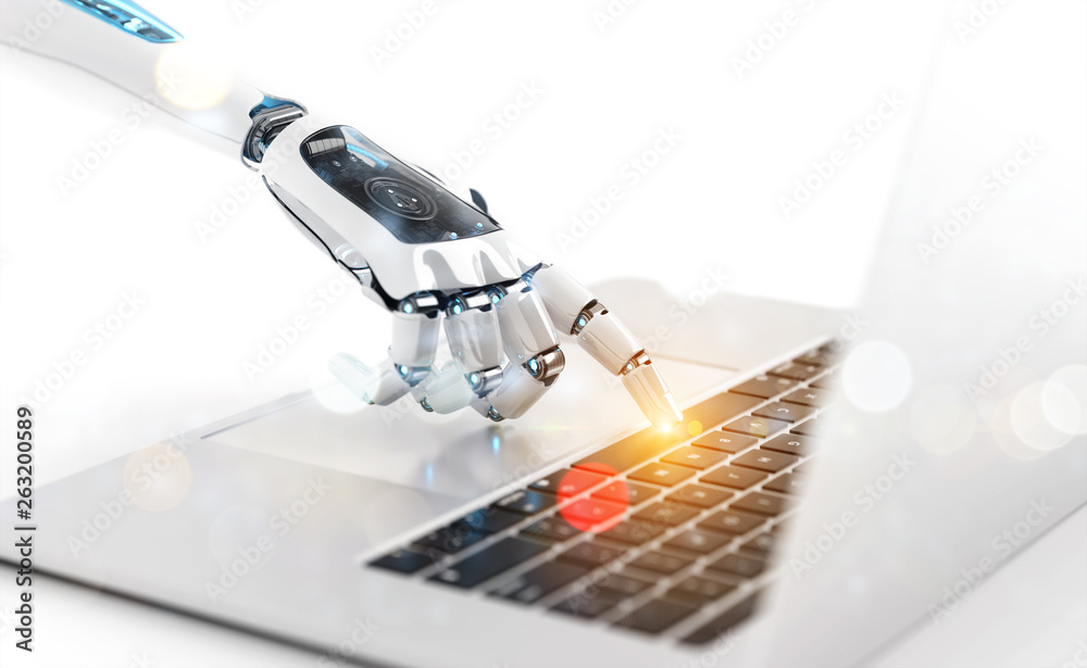白色机器人半机械人在笔记本电脑上手动按下键盘3D渲染