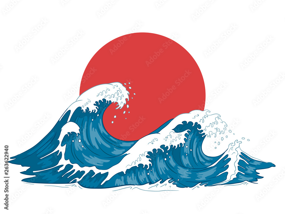 日本波浪。日本巨浪，汹涌的海洋和复古的海水矢量插图