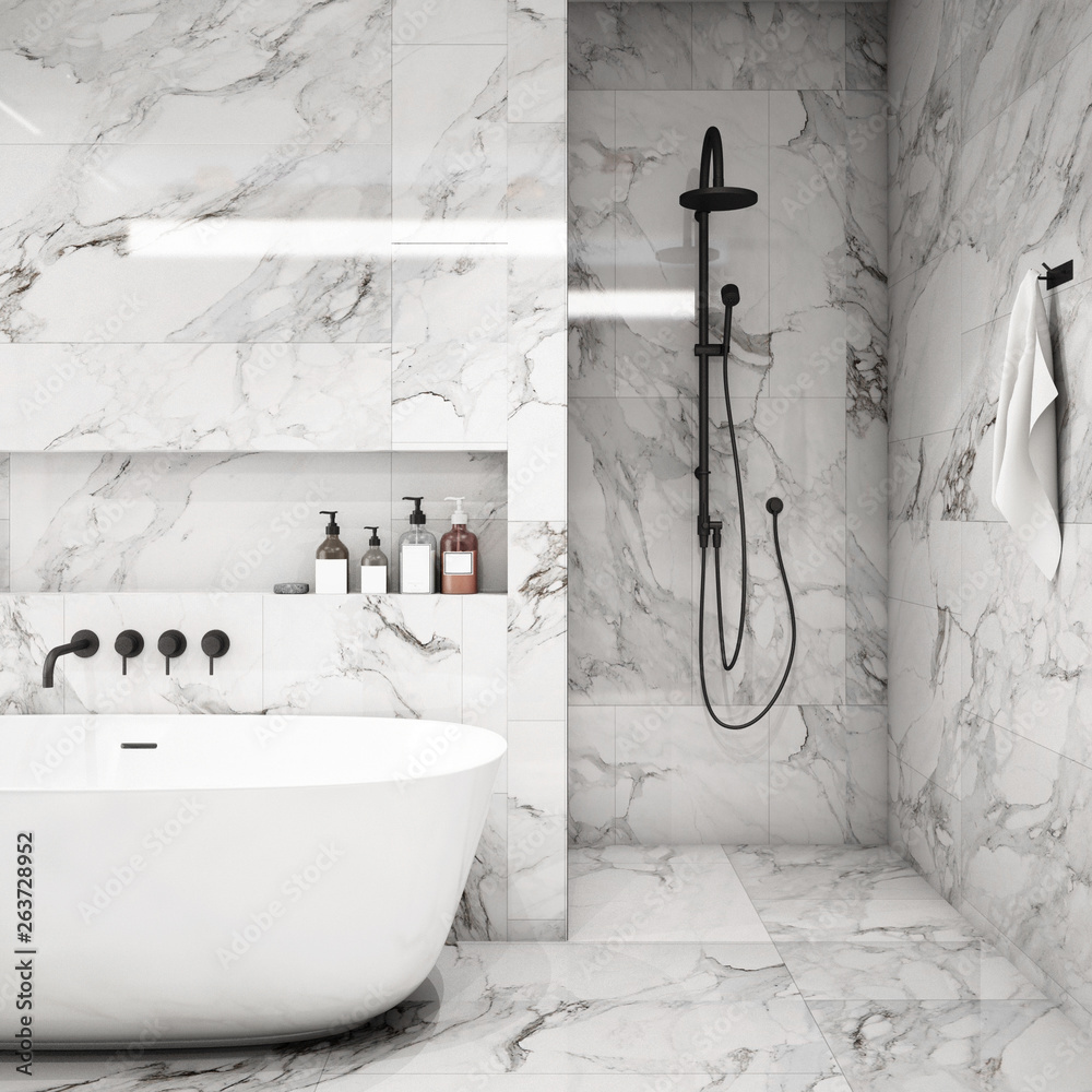 现代浴室室内设计，趋势设计2019，三维渲染，三维插图