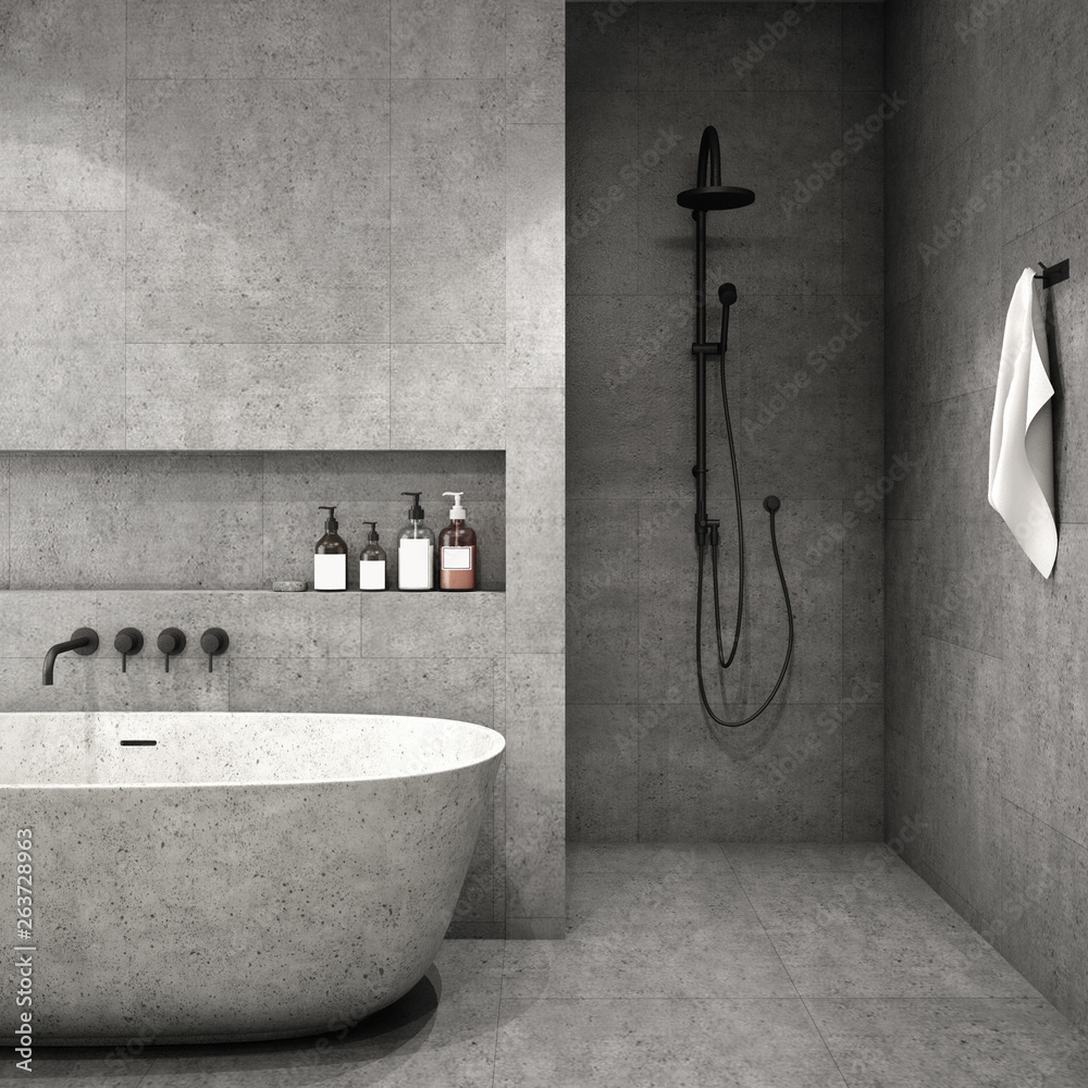 现代浴室室内设计，潮流设计2019，3d渲染，3d插画
