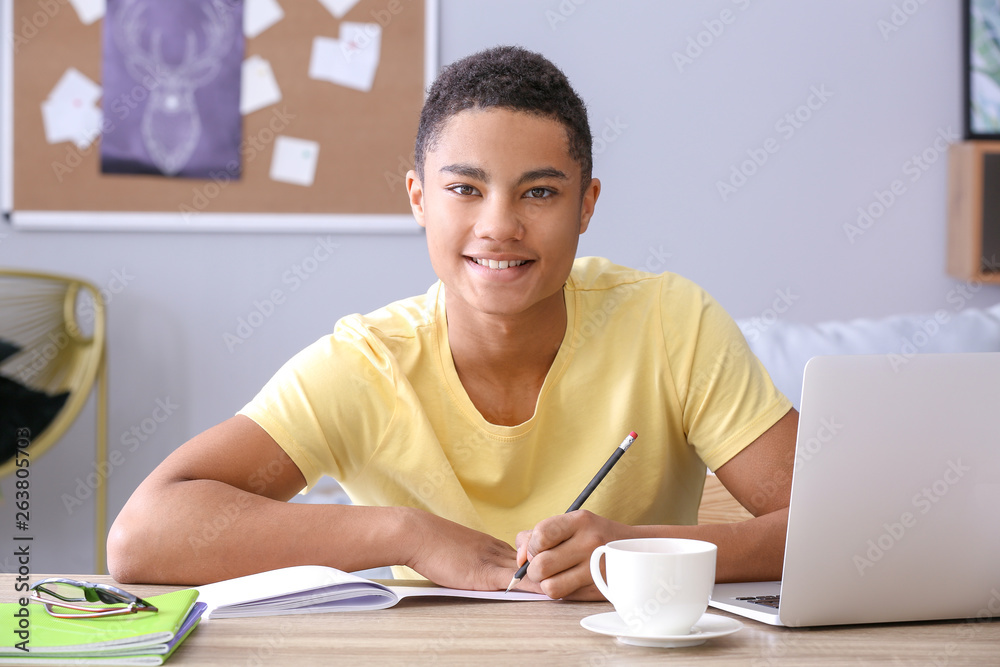 African-American teenage boy doing homework