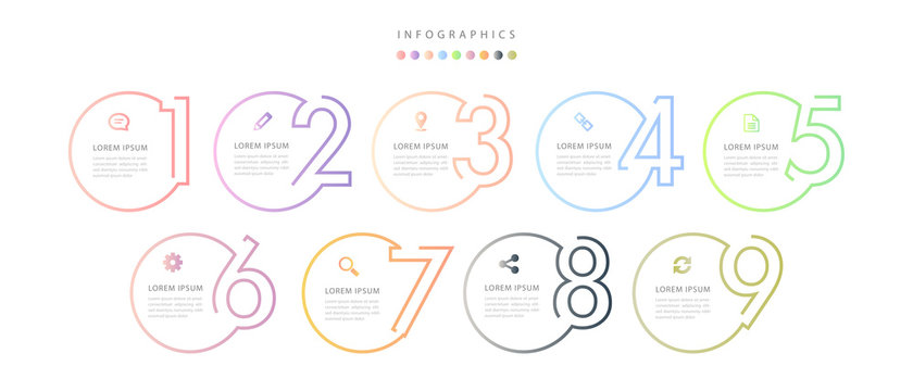 Vector infographic design UI template colorful gradient 9 number labels and icons