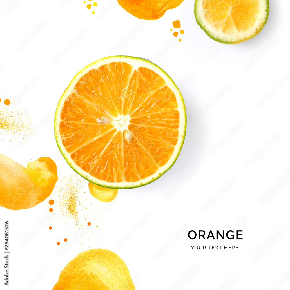 水彩背景上的橙色创意布局。平面布置。食物概念。