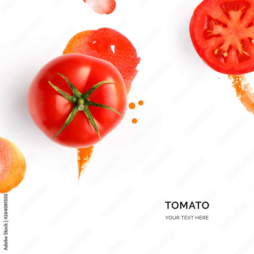 水彩背景上的番茄创意布局。平面布置。食物概念。