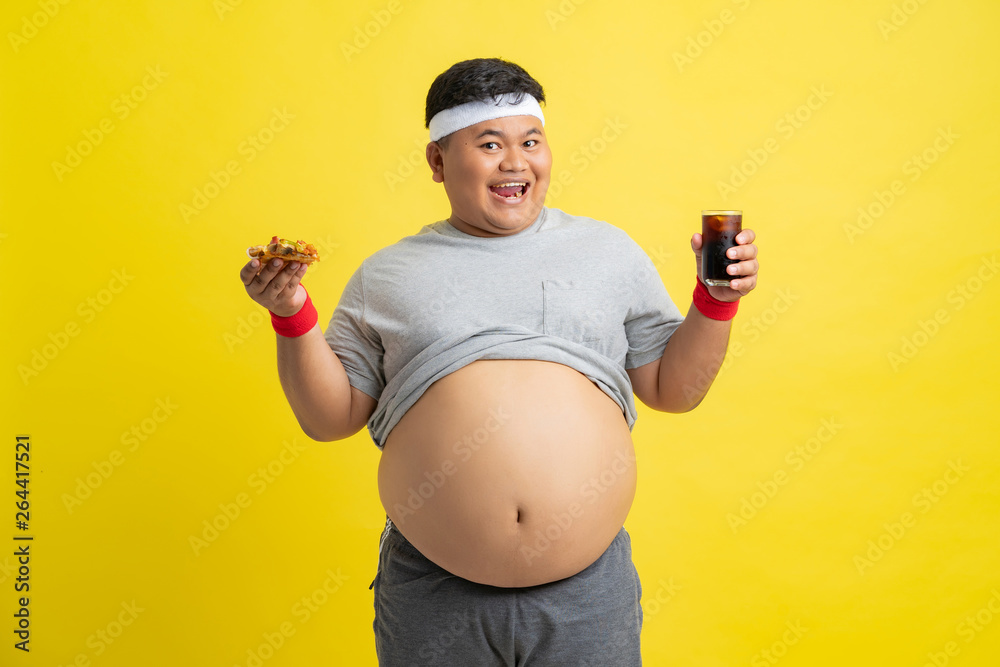 Fat men are happy with eating pizza and soft drinks..Before exercise