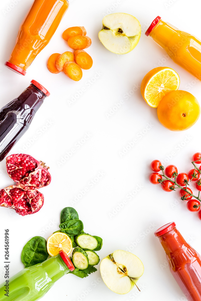 healthy organic juice in bottles for fitness diet and detox on white background top view mockup
