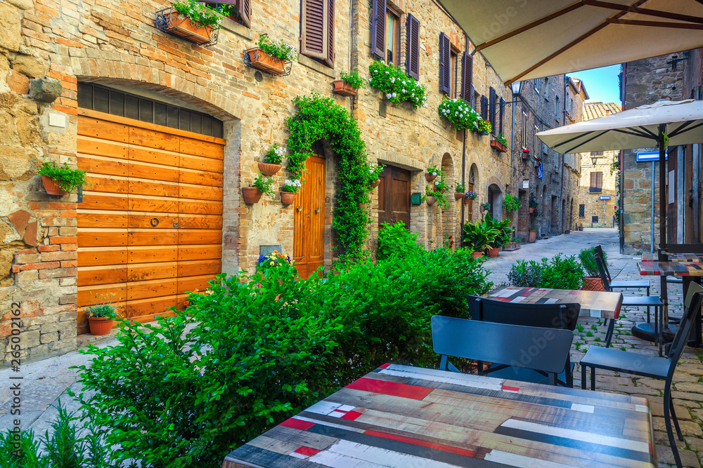Rustic stone houses with flowery entrances and street cafe, Italy