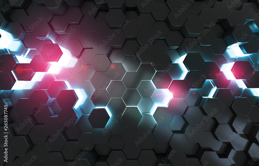 Glowing black blue and pink hexagons background pattern on metal surface 3D rendering