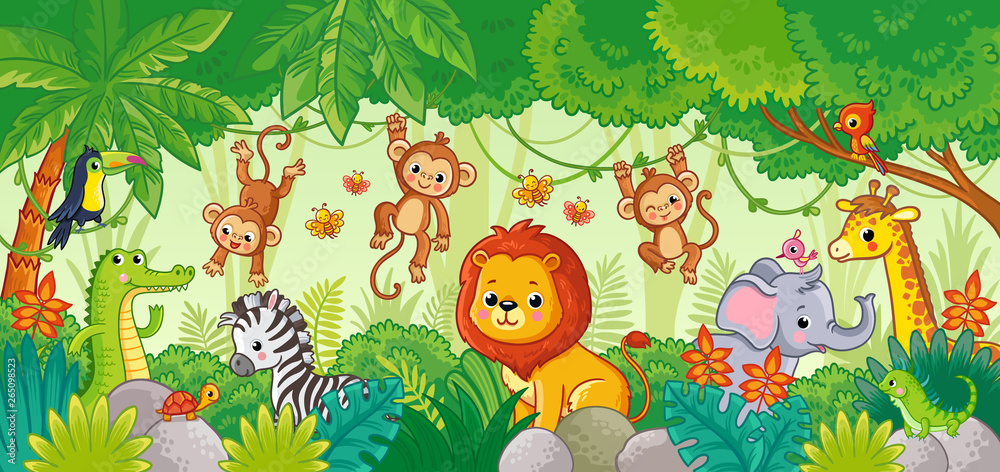 丛林中的非洲动物。可爱的卡通动物。