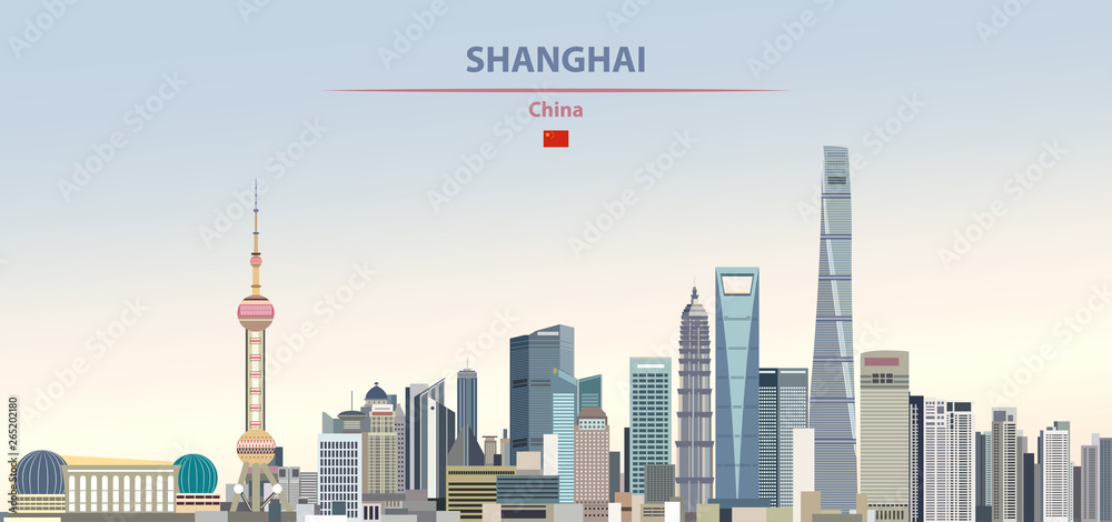 Vector illustration of shanghai city skyline on colorful gradient beautiful daytime background