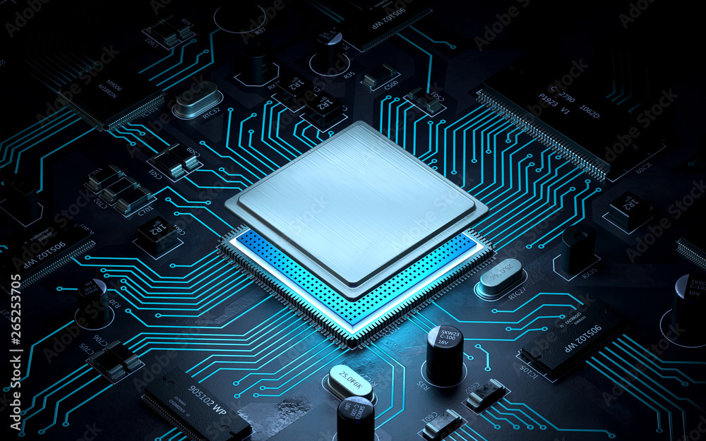 中央计算机处理器CPU概念。三维渲染，概念图像。