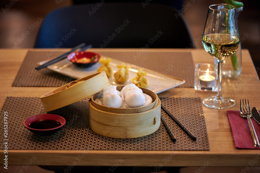 Dim Sum in Bamboo Steamed Bowl asian Restaurant