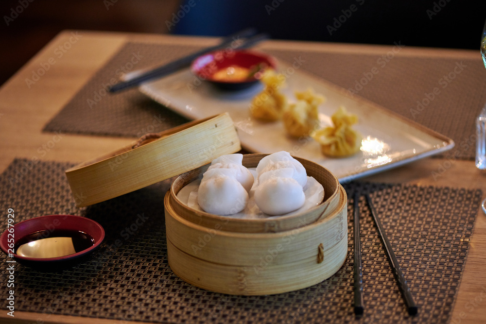 Dim Sum in Bamboo Steamed Bowl asian Restaurant