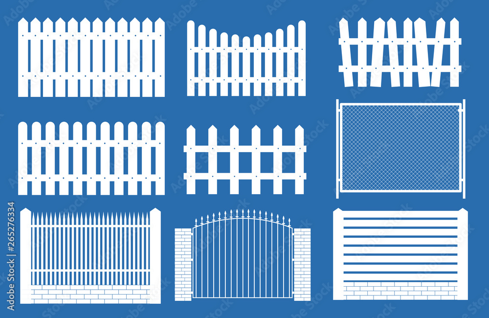 Collection Set of fences, pickets silhouettes for garden background. Vector Illustration