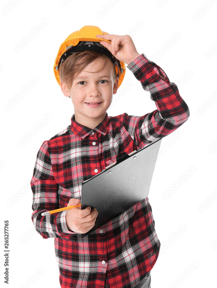 Portrait of little worker on white background