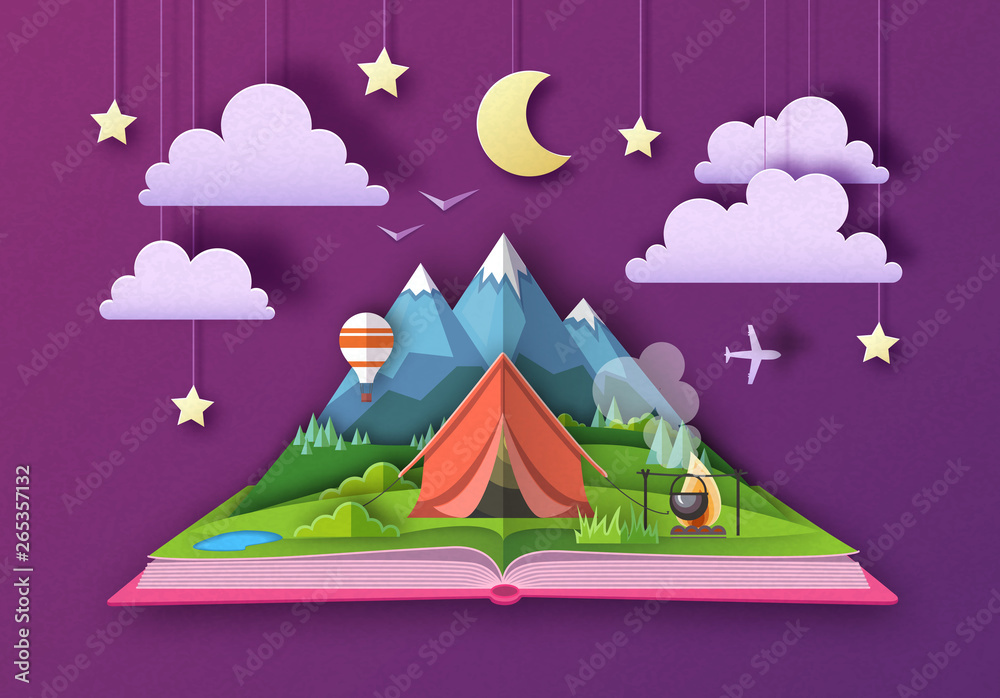 Open fairy tale book with Mountains landscape and camping. Cut out paper art style design