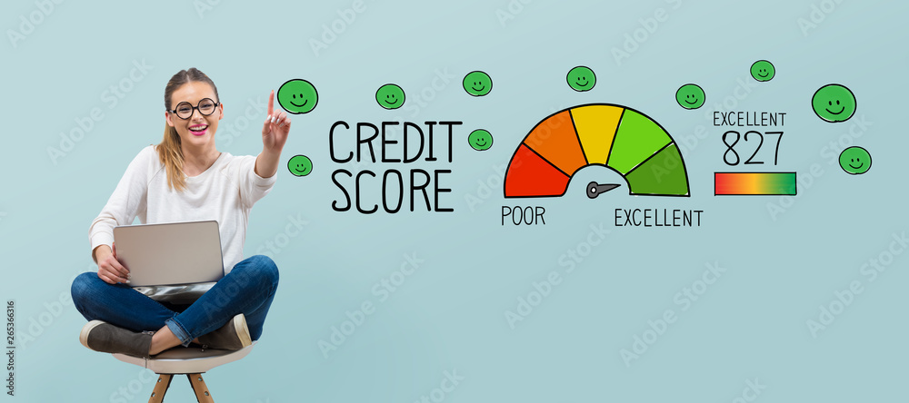 Excellent credit score theme with young woman using her laptop
