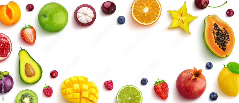 Various fruits and berries isolated on white background, top view, creative flat layout, round frame
