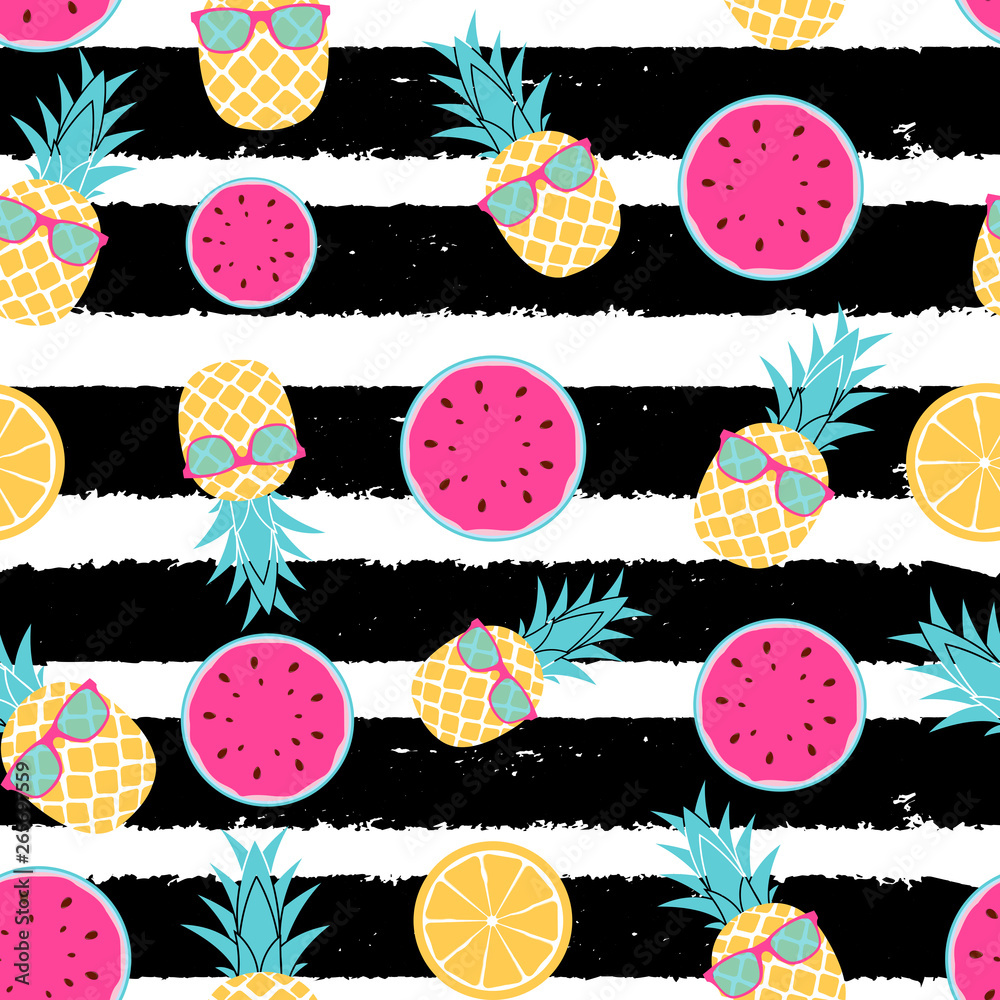热带水果菠萝、西瓜和橙色无缝图案背景设计。矢量插图
