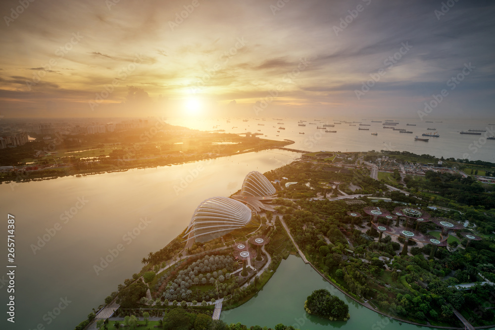 Aerial view of Singapore Gardens near Marina Bay in Singapore in morning.