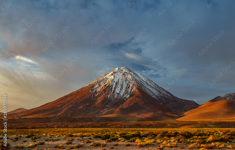 Sunset at Licancabur volcano in Atacama desert