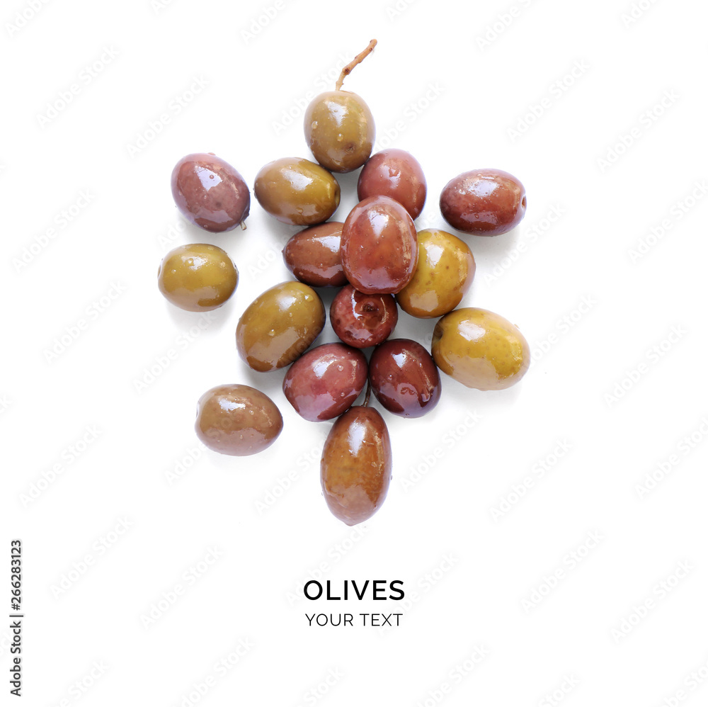 Creative layout made of olives. Flat lay. Food concept. Olives on the white background.