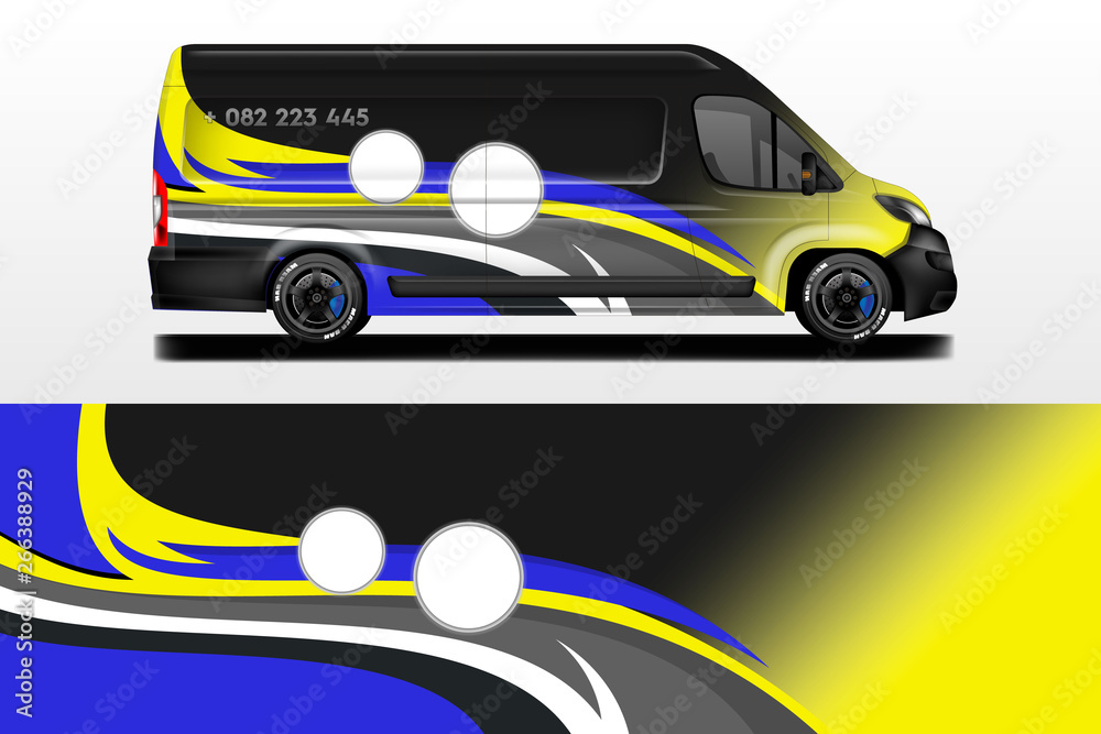 Van vector汽车包装，卡车，公共汽车，赛车，汽车服务。抽象图形背景图形