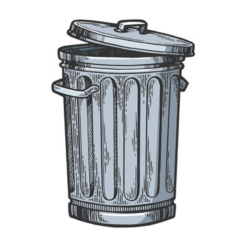 Metal trash can color sketch engraving vector illustration. Scratch board style imitation. Hand drawn image.
