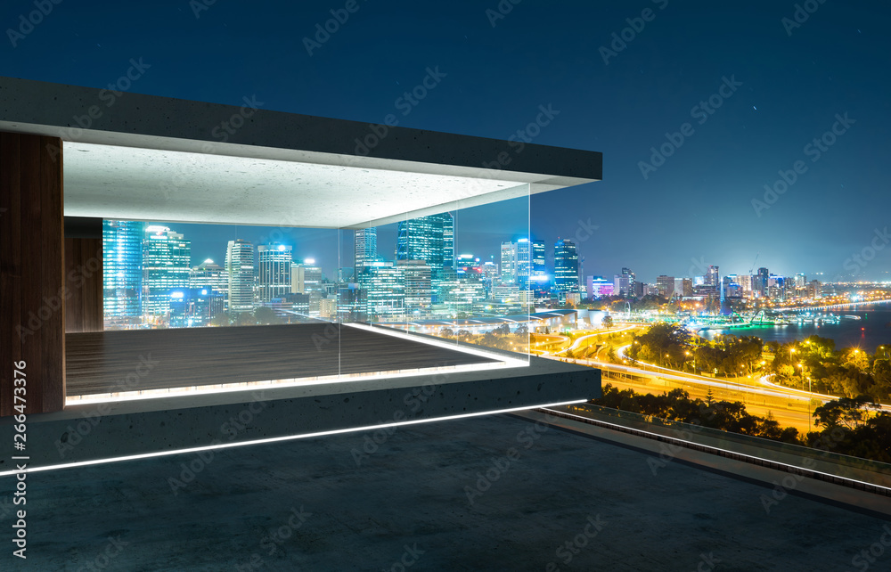 空的玻璃墙阳台，可以看到城市天际线。夜景。混合媒体。