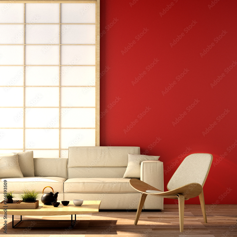 日本室内风格中的日本时尚色彩概念，3d插图，3d渲染