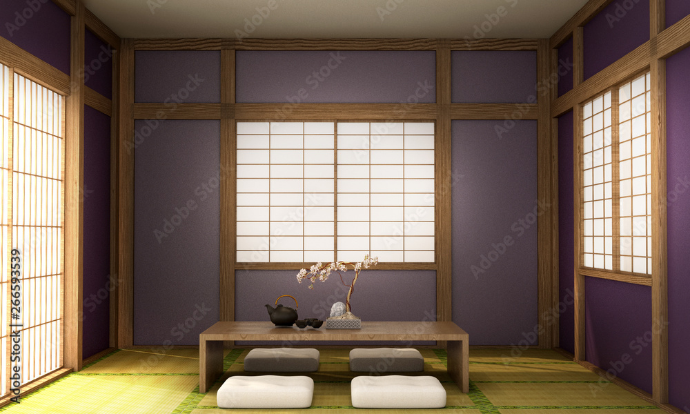 日本室内风格中的日本时尚色彩概念，3d插图，3d渲染