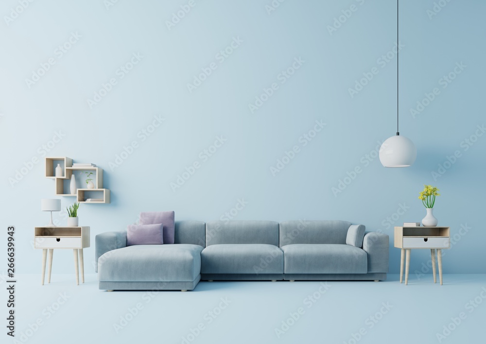 现代客厅内部，配有沙发和绿色植物，蓝色墙壁背景上的桌子。三维渲染