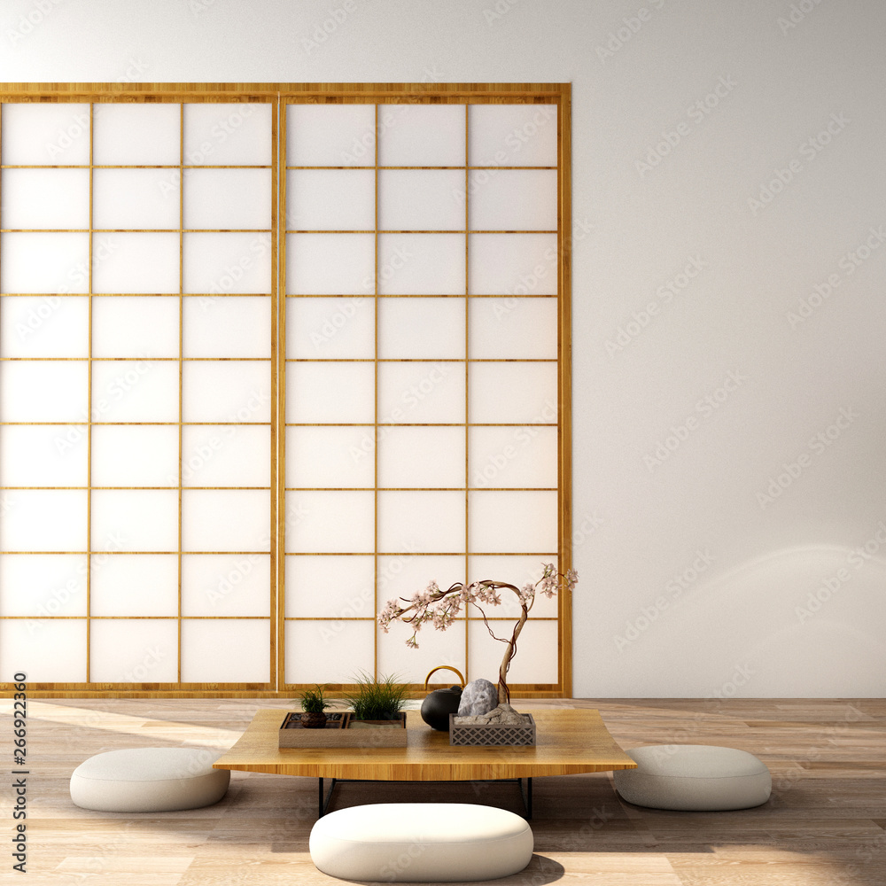 日本室内风格中的日本时尚色彩概念，三维插图，三维渲染