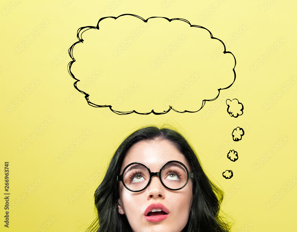 Blank speech bubble with young woman wearing eye glasses