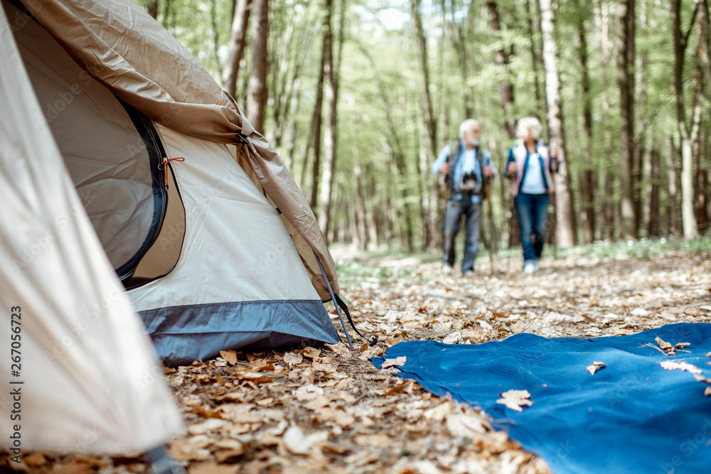 一对老年夫妇在森林中的露营地附近散步。帐篷在焦点上。积极生活方式的概念