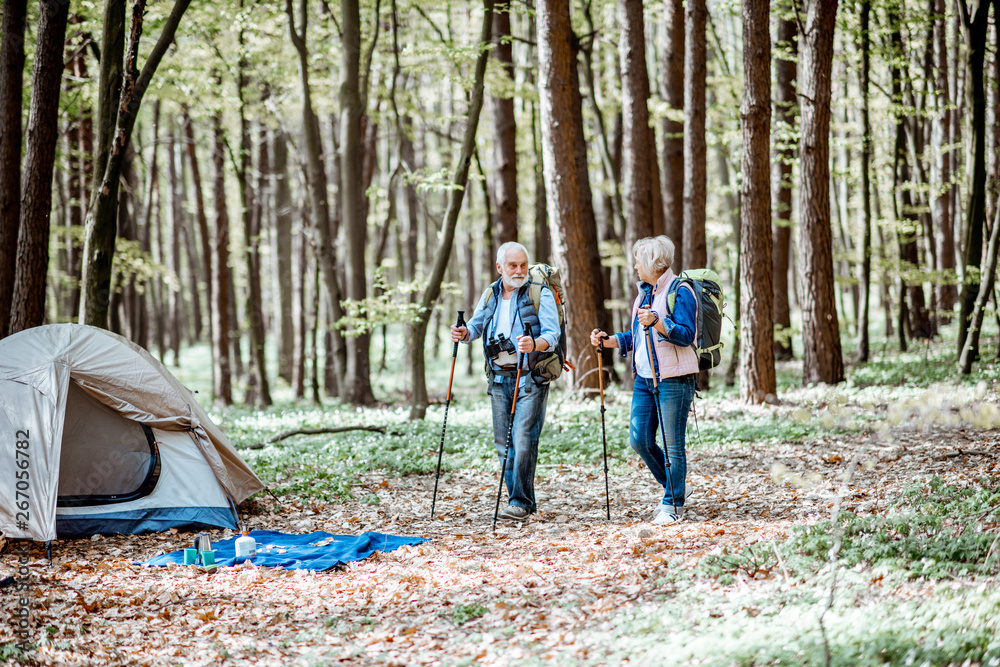 一对老年夫妇在森林中的露营地附近散步。退休后积极生活的概念