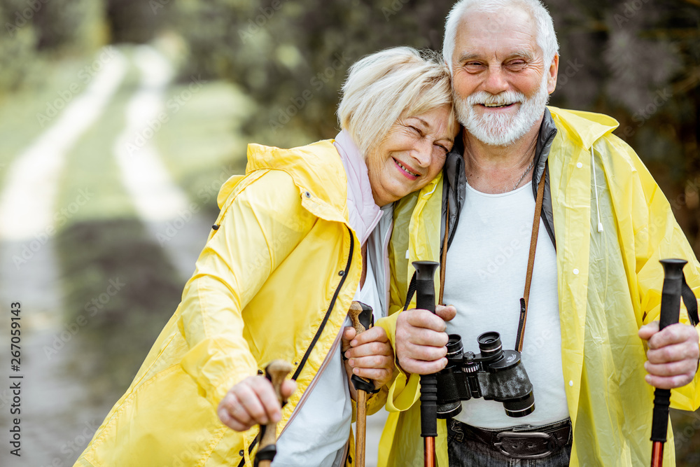 一对幸福的老年夫妇穿着黄色雨衣，拄着登山杖在年轻的松树上徒步旅行的肖像