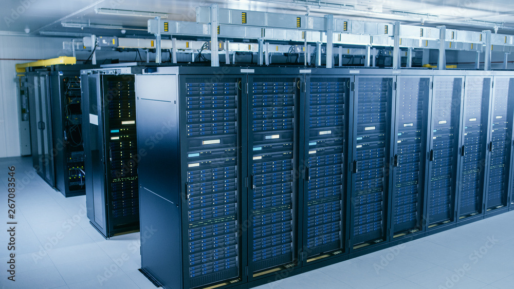 Shot of Data Center With Multiple Rows of Fully Operational Server Racks. Modern Telecommunications,