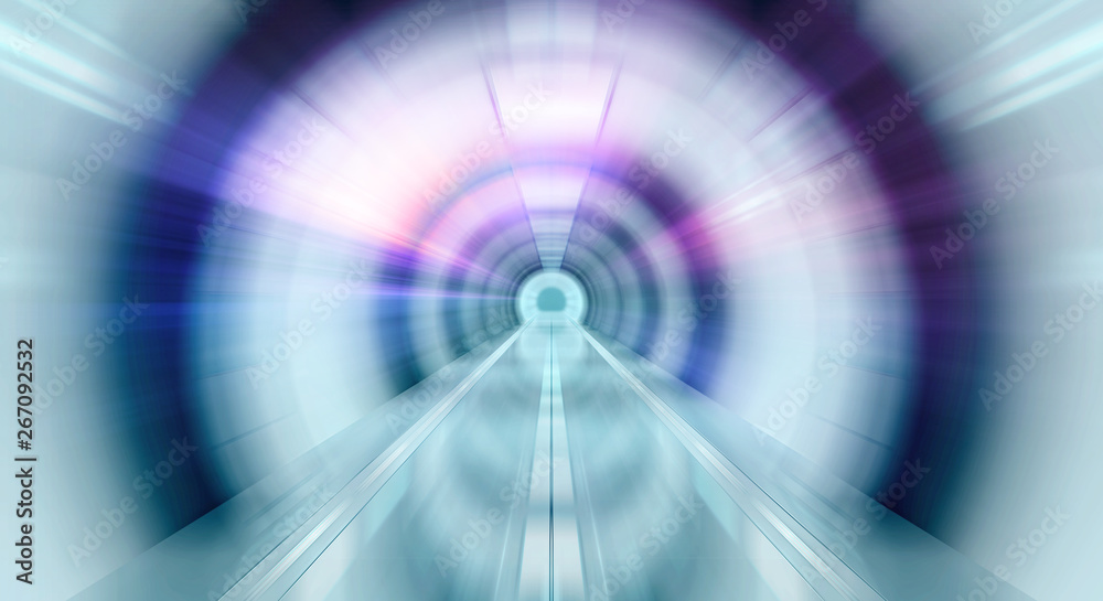 Abstract zoom effectin a bright tunnel background with traffic lights