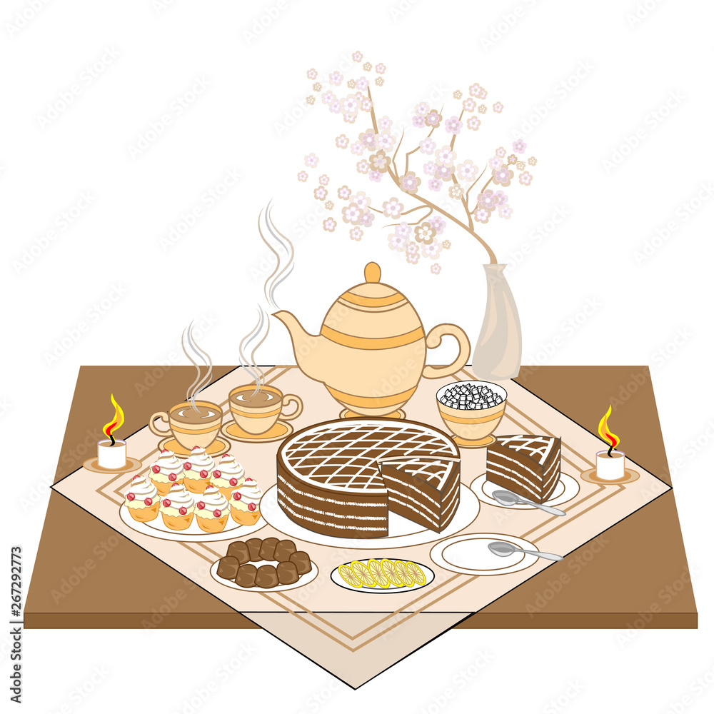 烛光下装饰精美的节日餐桌。芳香的热茶配蛋糕，精致的饼干